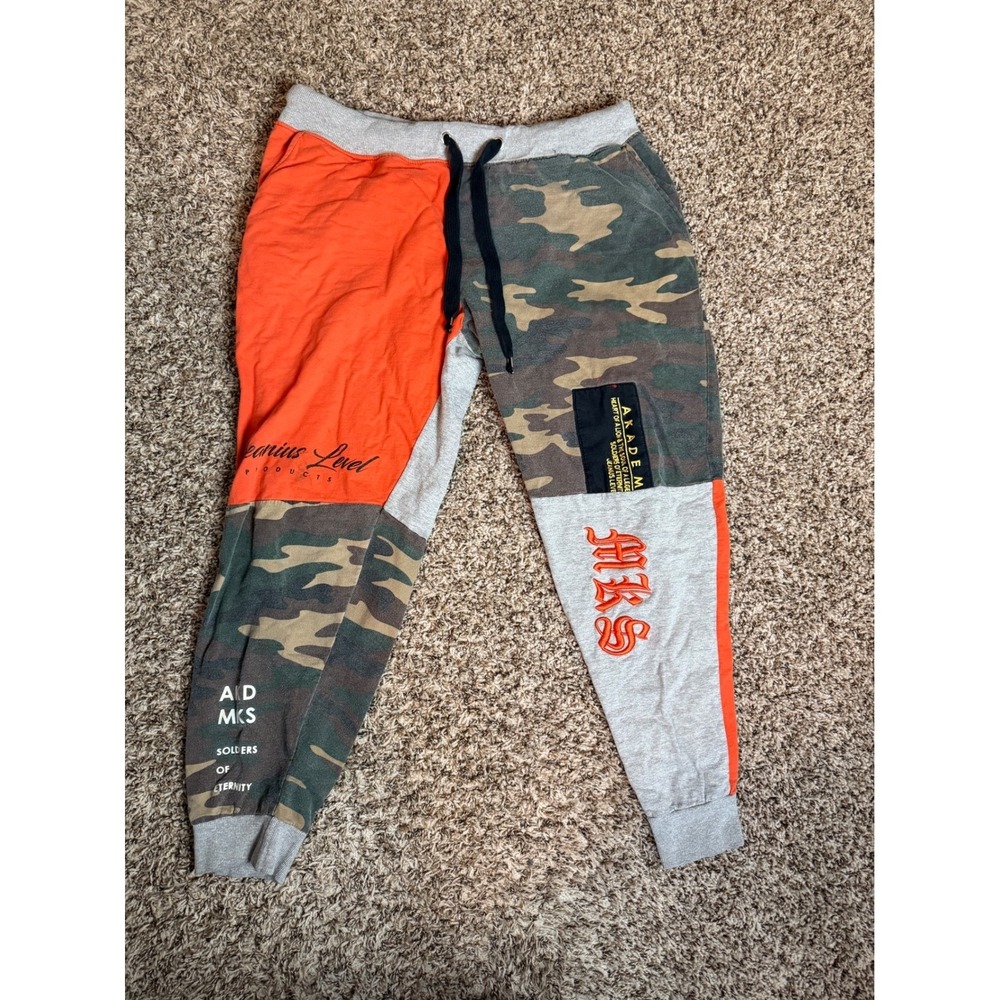 Akademiks Mens 2XL Colorblock Camo Orange Gray Jogger Sweatpants Heart of a Lion